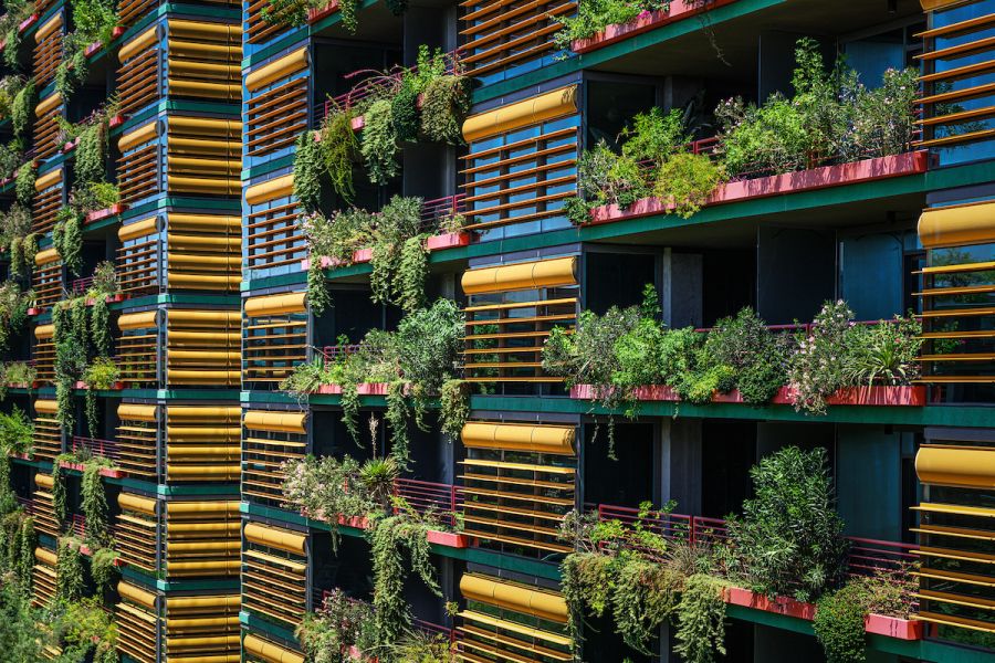 Colorful apartment balconies with yellow railings and lush green plants growing on each level.