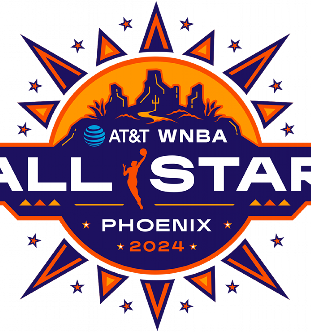 AT&T WNBA All-Star 2024 Phoenix logo features desert and mountain graphics in orange, purple, and white for July 18-20.