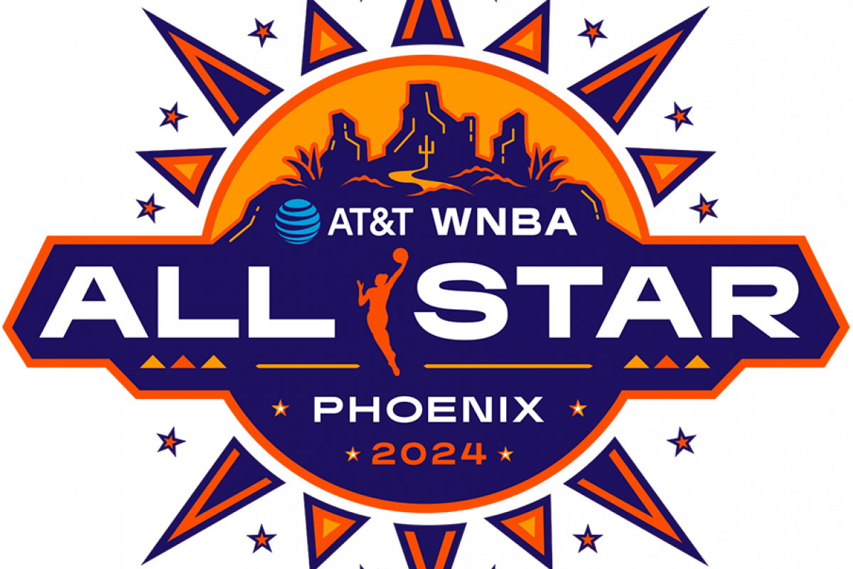 AT&T WNBA All-Star 2024 Phoenix logo features desert and mountain graphics in orange, purple, and white for July 18-20.