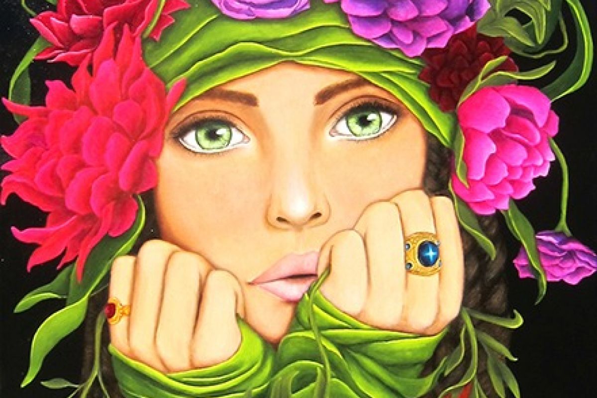 A woman with green eyes, wrapped in green fabric, flowers in her hair, and two birds on her head—perfect for holidays or Scottsdale art galleries.