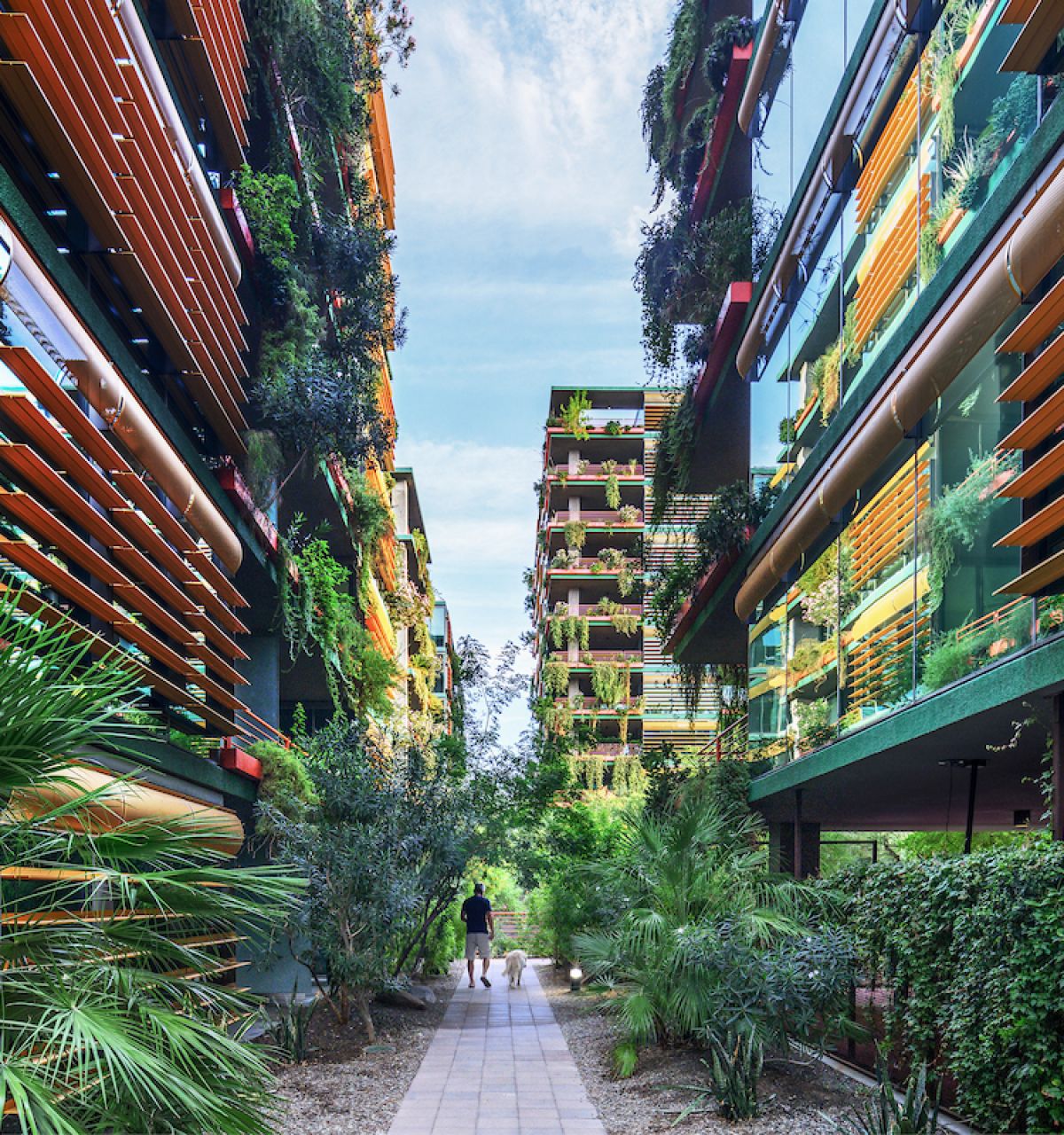 Two people walk between pet-friendly, modern green buildings at Optima Sonoran Village, surrounded by orange sunshades and lush plants.