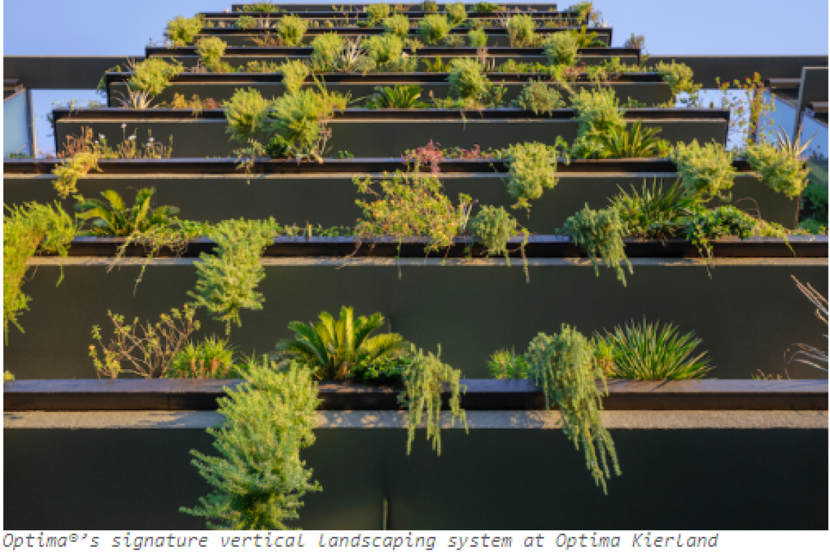 Vertical garden system with lush green plants, preserving the natural environment on modern apartment balconies.