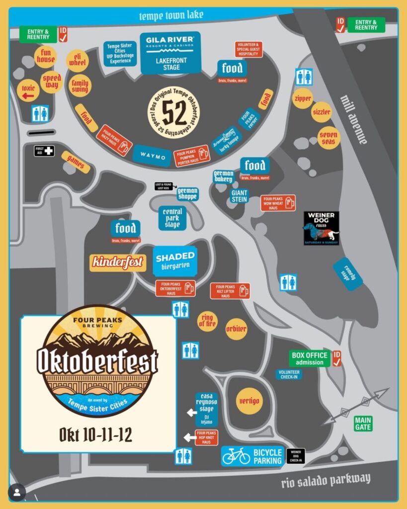 Map of Four Peaks Oktoberfest at Tempe Beach Park showing stages, food areas, beer gardens, entrances, and parking locations.