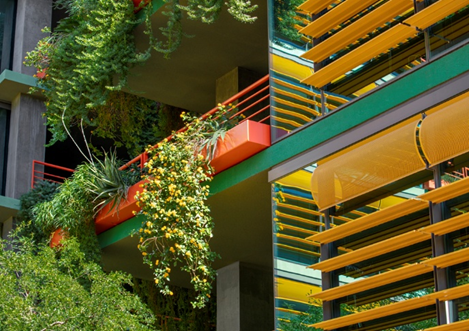 Modern building with green plants cascading from balconies and bright yellow sunshades on the windows.