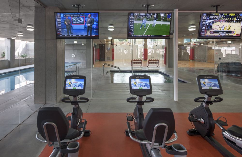 A modern gym with stationary bikes, wall-mounted TVs, and a pool view through glass panels at Optima Sonoran Village apartments.
